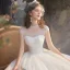 Vintage / Originale Blanche La Mariée Robe De Mariée 2020 Robe Boule Transparentes Col Haut Sans Manches Dos Nu Appliques En Dentelle Perlage Cathedral Train Volants