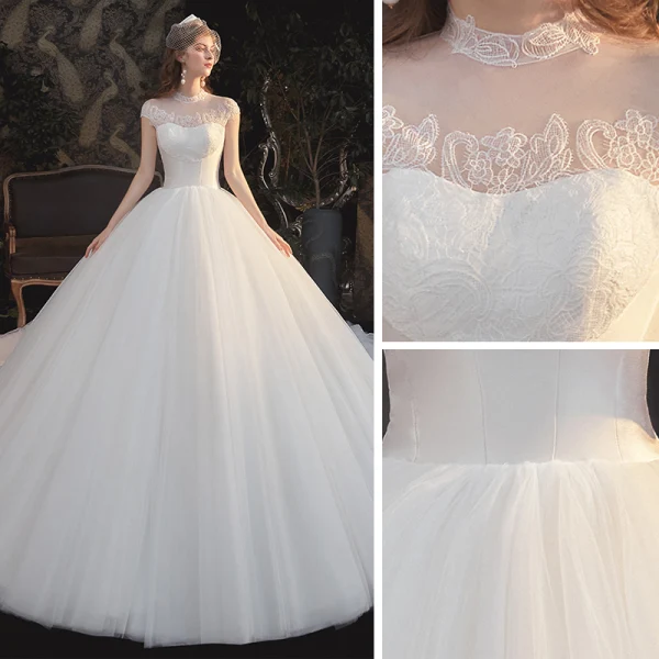 Vintage / Originale Blanche La Mariée Robe De Mariée 2020 Robe Boule Transparentes Col Haut Sans Manches Dos Nu Appliques En Dentelle Perlage Cathedral Train Volants