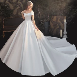 Modest Simple White Satin Bridal Wedding Dresses 2020 Ball Gown Square Neckline Short Sleeve Backless Cathedral Train Ruffle