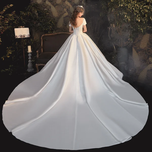 Modest / Simple White Satin Bridal Wedding Dresses 2020 Ball Gown Square Neckline Short Sleeve Backless Cathedral Train Ruffle