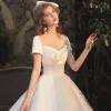 Modest / Simple White Satin Bridal Wedding Dresses 2020 Ball Gown Square Neckline Short Sleeve Backless Cathedral Train Ruffle