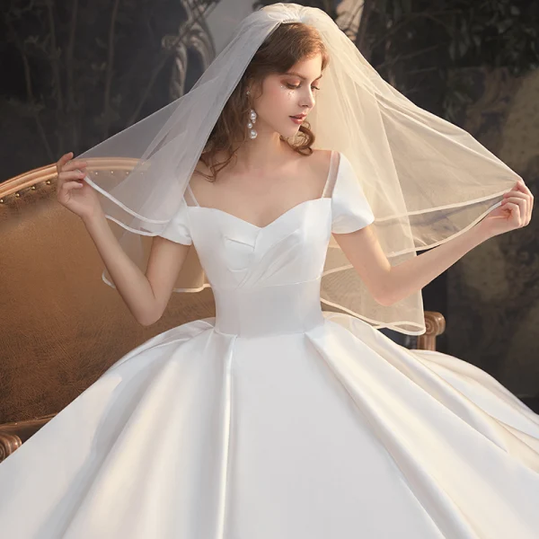 Modest / Simple White Satin Bridal Wedding Dresses 2020 Ball Gown Square Neckline Short Sleeve Backless Cathedral Train Ruffle