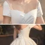 Modest / Simple White Satin Bridal Wedding Dresses 2020 Ball Gown Square Neckline Short Sleeve Backless Cathedral Train Ruffle