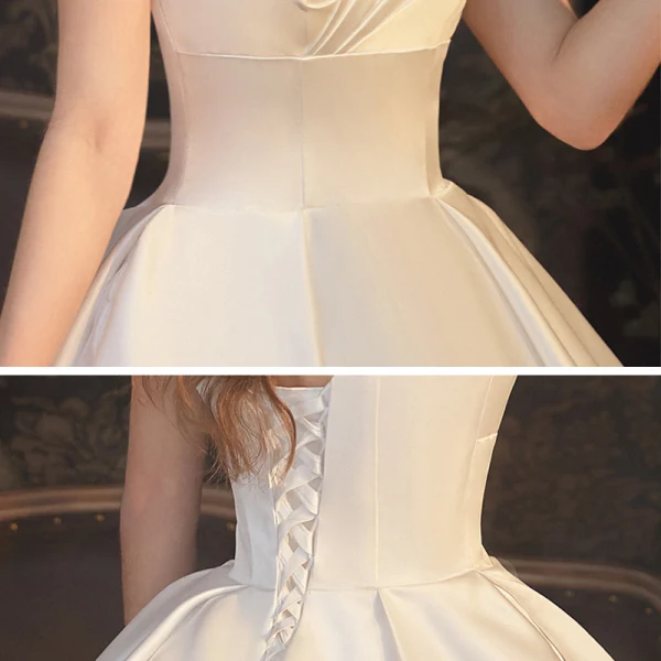 Modest / Simple White Satin Bridal Wedding Dresses 2020 Ball Gown Square Neckline Short Sleeve Backless Cathedral Train Ruffle