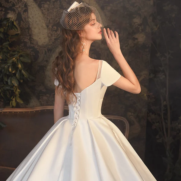 Modest / Simple White Satin Bridal Wedding Dresses 2020 Ball Gown Square Neckline Short Sleeve Backless Cathedral Train Ruffle