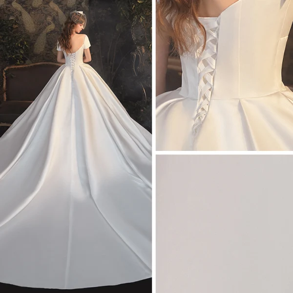 Modest / Simple White Satin Bridal Wedding Dresses 2020 Ball Gown Square Neckline Short Sleeve Backless Cathedral Train Ruffle