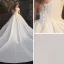Modest / Simple White Satin Bridal Wedding Dresses 2020 Ball Gown Square Neckline Short Sleeve Backless Cathedral Train Ruffle