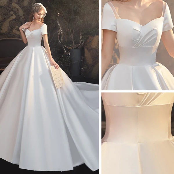Modest / Simple White Satin Bridal Wedding Dresses 2020 Ball Gown Square Neckline Short Sleeve Backless Cathedral Train Ruffle
