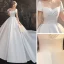 Modest / Simple White Satin Bridal Wedding Dresses 2020 Ball Gown Square Neckline Short Sleeve Backless Cathedral Train Ruffle