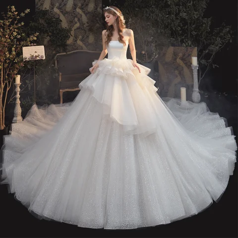 Luxe Champagne Bruids Trouwjurken 2020 Baljurk Strapless Mouwloos Ruglooze Glans Tule Cathedral Train Ruche