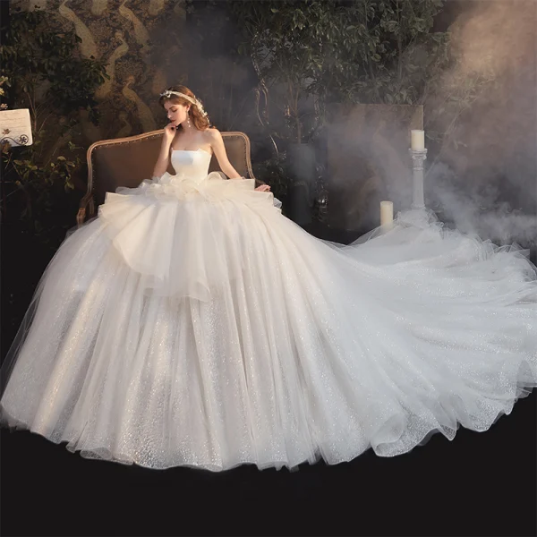 Luxury / Gorgeous Champagne Bridal Wedding Dresses 2020 Ball Gown Strapless Sleeveless Backless Glitter Tulle Cathedral Train Ruffle