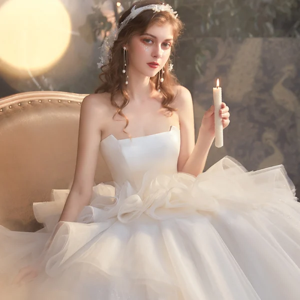 Luxury / Gorgeous Champagne Bridal Wedding Dresses 2020 Ball Gown Strapless Sleeveless Backless Glitter Tulle Cathedral Train Ruffle