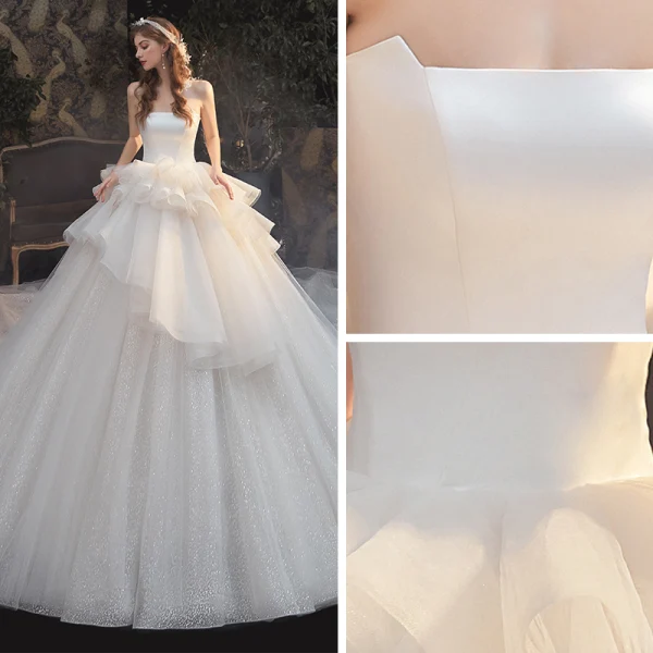 Luxury / Gorgeous Champagne Bridal Wedding Dresses 2020 Ball Gown Strapless Sleeveless Backless Glitter Tulle Cathedral Train Ruffle