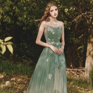Elegant Salvie Grønn Selskapskjoler Ballkjoler 2020 Prinsesse Skuldre Uten Ermer Appliques Sommerfugl Blonder Glitter Tyll Lange Buste Ryggløse