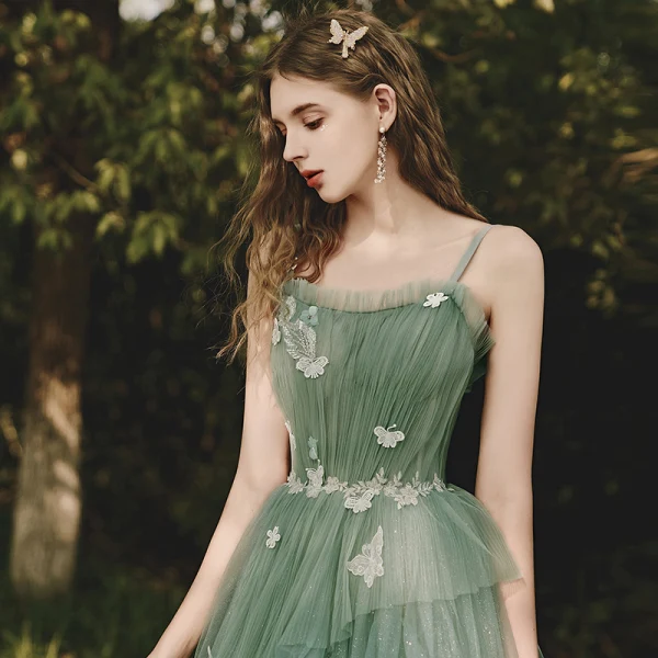Elegant Sage Green Evening Dresses  Prom Dresses 2020 A-Line / Princess Shoulders Sleeveless Appliques Butterfly Lace Glitter Tulle Floor-Length / Long Ruffle Backless