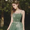 Élégant Vert Cendré Robe De Soirée Robe De Bal 2020 Princesse épaules Sans Manches Appliques Papillon En Dentelle Glitter Tulle Longue Volants Dos Nu