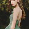 Elegantes Verde Salvia Vestidos de noche Vestidos de gala 2020 A-Line / Princess Hombros Sin Mangas Apliques mariposa Con Encaje Glitter Tul Largos Ruffle Sin Espalda
