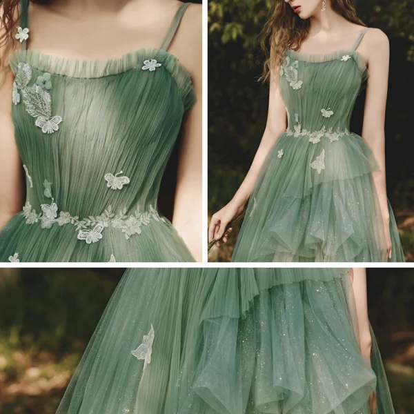 Elegant Sage Green Evening Dresses  Prom Dresses 2020 A-Line / Princess Shoulders Sleeveless Appliques Butterfly Lace Glitter Tulle Floor-Length / Long Ruffle Backless