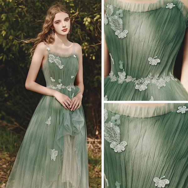 Elegant Sage Green Evening Dresses  Prom Dresses 2020 A-Line / Princess Shoulders Sleeveless Appliques Butterfly Lace Glitter Tulle Floor-Length / Long Ruffle Backless