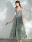 Chic / Belle Vert Cendré Robe De Bal 2020 Princesse épaules Sans Manches Paillettes Longueur Cheville Volants Dos Nu Robe De Ceremonie