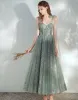 Chic / Belle Vert Cendré Robe De Bal 2020 Princesse épaules Sans Manches Paillettes Longueur Cheville Volants Dos Nu Robe De Ceremonie
