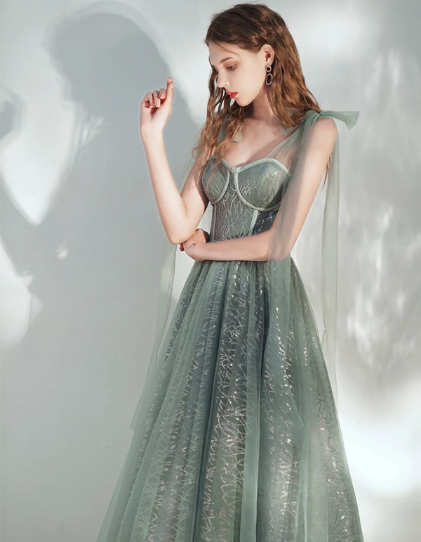 Chic / Belle Vert Cendré Robe De Bal 2020 Princesse épaules Sans Manches Paillettes Longueur Cheville Volants Dos Nu Robe De Ceremonie