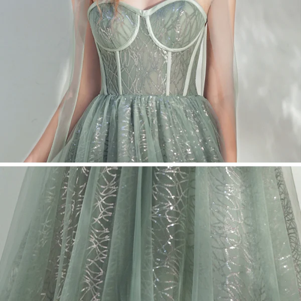 Chic / Belle Vert Cendré Robe De Bal 2020 Princesse épaules Sans Manches Paillettes Longueur Cheville Volants Dos Nu Robe De Ceremonie