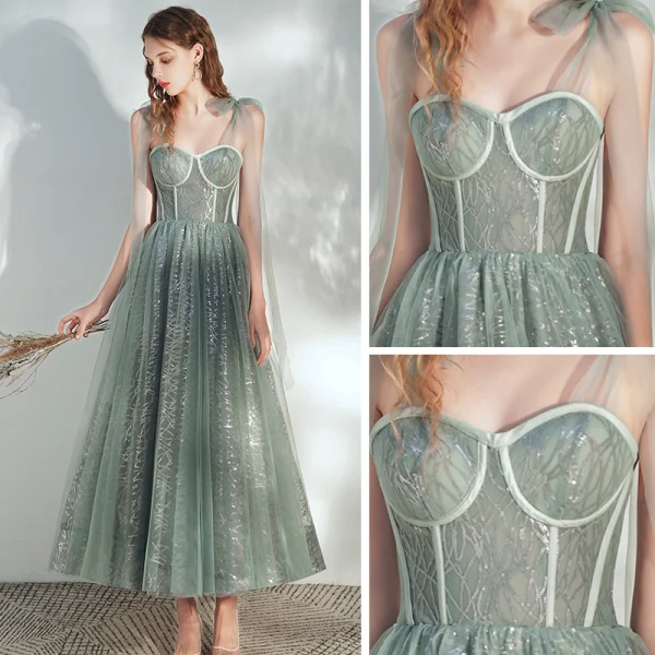 Chic / Belle Vert Cendré Robe De Bal 2020 Princesse épaules Sans Manches Paillettes Longueur Cheville Volants Dos Nu Robe De Ceremonie