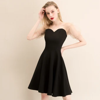 Fashion Black Homecoming Graduation Dresses 2020 A Line Princess Square Neckline Puffy Short Sleeve Pearl Backless Short Little Black Dress