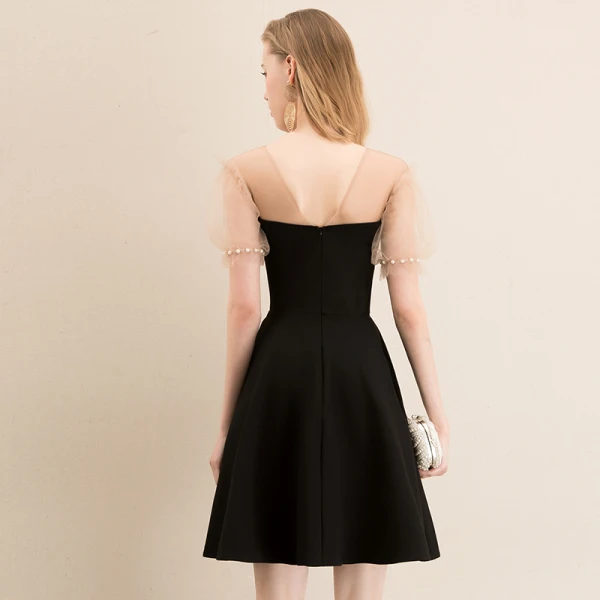 Fashion Black Homecoming Graduation Dresses 2020 A-Line / Princess Square Neckline Puffy Short Sleeve Pearl Backless Short Little Black Dress