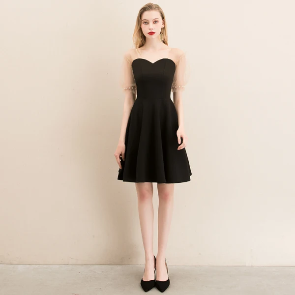 Fashion Black Homecoming Graduation Dresses 2020 A-Line / Princess Square Neckline Puffy Short Sleeve Pearl Backless Short Little Black Dress