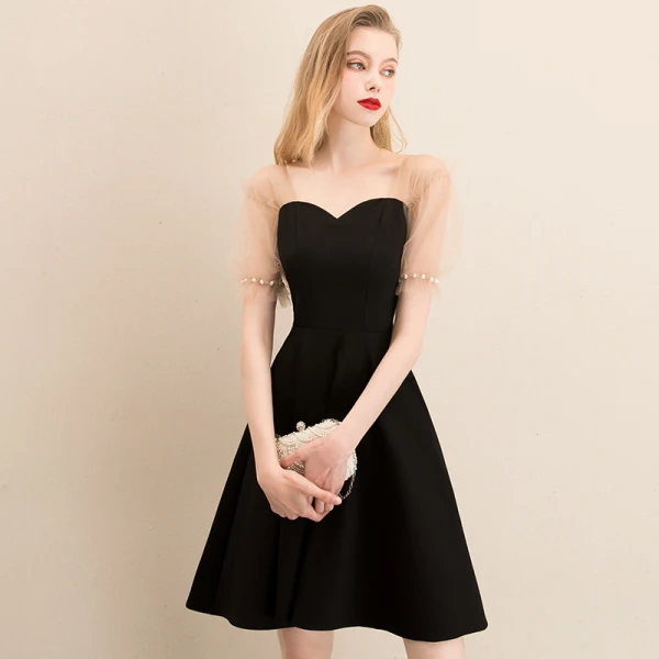 Fashion Black Homecoming Graduation Dresses 2020 A-Line / Princess Square Neckline Puffy Short Sleeve Pearl Backless Short Little Black Dress