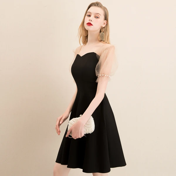 Fashion Black Homecoming Graduation Dresses 2020 A-Line / Princess Square Neckline Puffy Short Sleeve Pearl Backless Short Little Black Dress