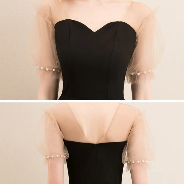Fashion Black Homecoming Graduation Dresses 2020 A-Line / Princess Square Neckline Puffy Short Sleeve Pearl Backless Short Little Black Dress