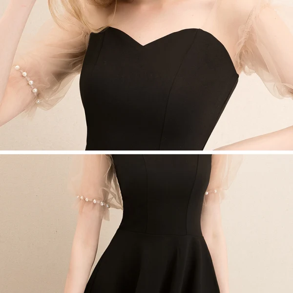 Fashion Black Homecoming Graduation Dresses 2020 A-Line / Princess Square Neckline Puffy Short Sleeve Pearl Backless Short Little Black Dress