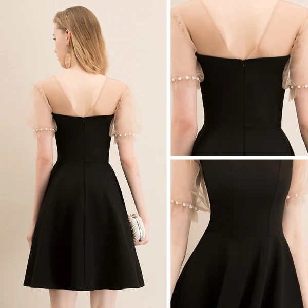 Fashion Black Homecoming Graduation Dresses 2020 A-Line / Princess Square Neckline Puffy Short Sleeve Pearl Backless Short Little Black Dress