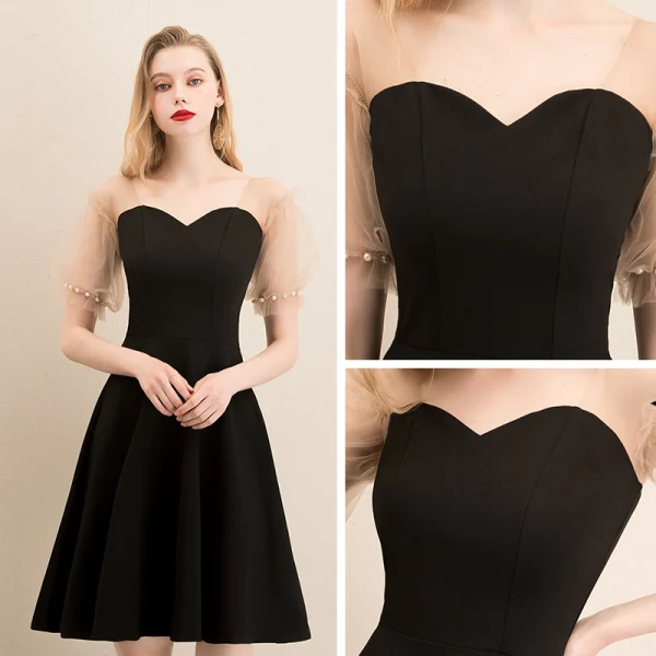 Fashion Black Homecoming Graduation Dresses 2020 A-Line / Princess Square Neckline Puffy Short Sleeve Pearl Backless Short Little Black Dress