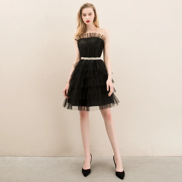 Chic / Beautiful Black Homecoming Graduation Dresses 2020 A-Line / Princess See-through Scoop Neck Sleeveless Rhinestone Sash Short Ruffle Formal Dresses