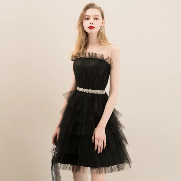 Chic / Beautiful Black Homecoming Graduation Dresses 2020 A-Line / Princess See-through Scoop Neck Sleeveless Rhinestone Sash Short Ruffle Formal Dresses