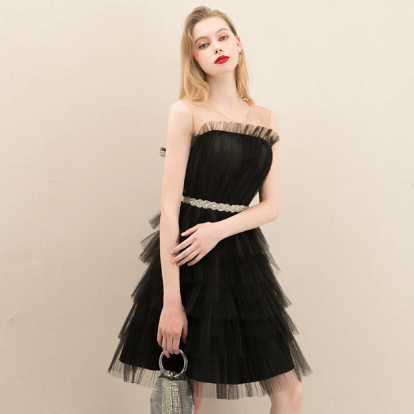 Chic / Beautiful Black Homecoming Graduation Dresses 2020 A-Line / Princess See-through Scoop Neck Sleeveless Rhinestone Sash Short Ruffle Formal Dresses