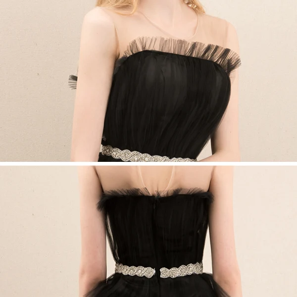 Chic / Beautiful Black Homecoming Graduation Dresses 2020 A-Line / Princess See-through Scoop Neck Sleeveless Rhinestone Sash Short Ruffle Formal Dresses