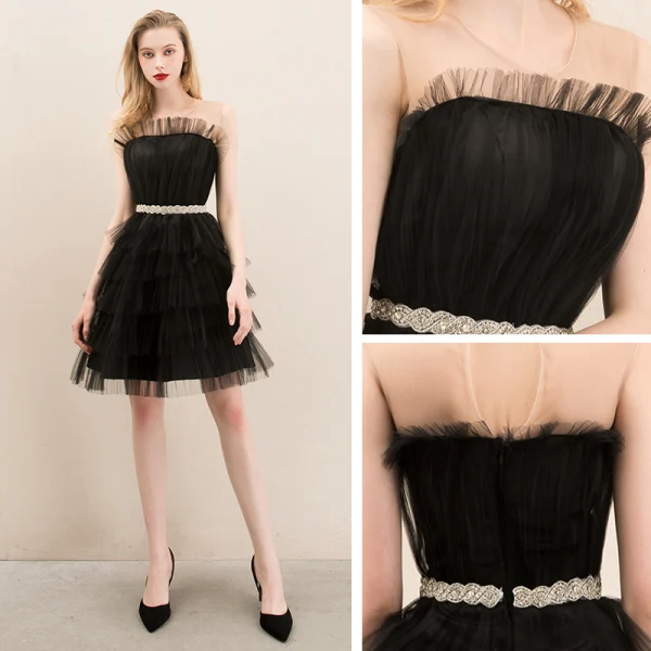 Chic / Beautiful Black Homecoming Graduation Dresses 2020 A-Line / Princess See-through Scoop Neck Sleeveless Rhinestone Sash Short Ruffle Formal Dresses