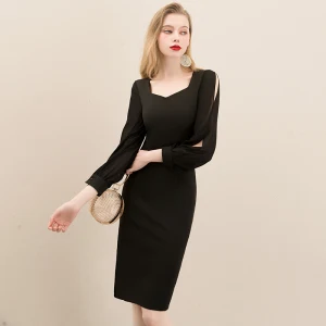 Simple Noire De Retour Robe De Graduation 2020 Princesse Encolure Carrée Gonflée Manches Longues Courte Robe De Ceremonie