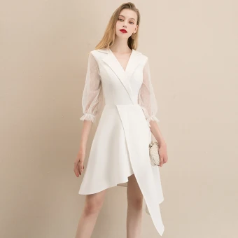 Fashion White Homecoming Graduation Dresses 2020 A Line Princess V Neck Puffy 3 4 Sleeve Asymmetrical Formal Dresses
