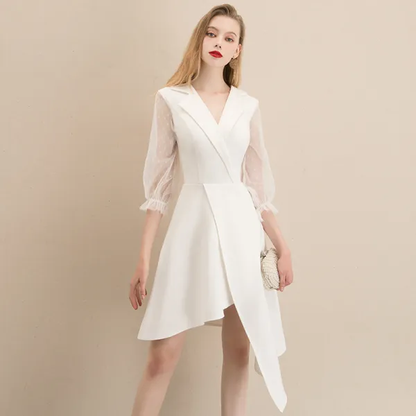 Fashion White Homecoming Graduation Dresses 2020 A-Line / Princess V-Neck Puffy 3/4 Sleeve Asymmetrical Formal Dresses