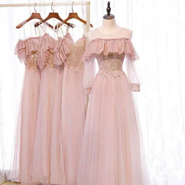 Fine Perle Rosa Brudepikekjoler 2020 Prinsesse Ryggløse Beading Glitter Tyll Lange Buste
