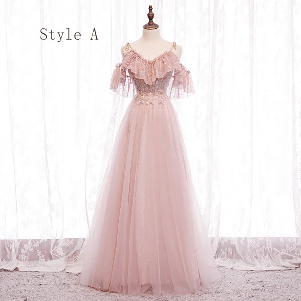 Fine Perle Rosa Brudepikekjoler 2020 Prinsesse Ryggløse Beading Glitter Tyll Lange Buste