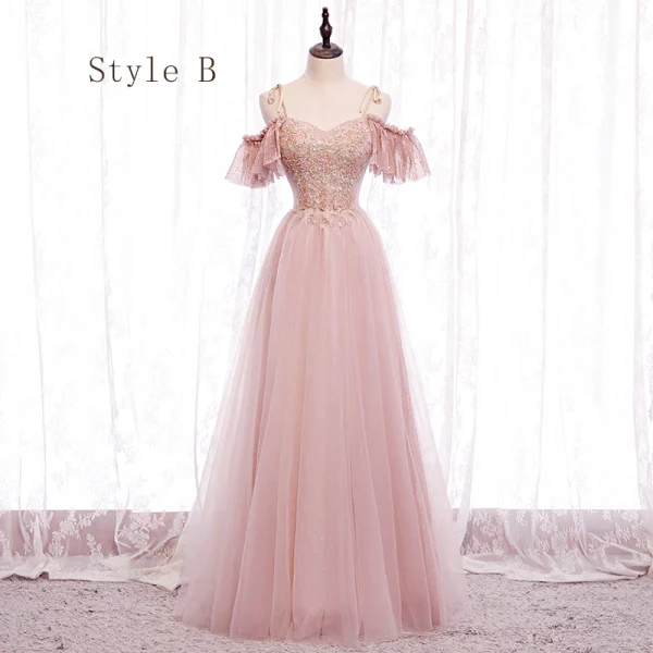 Fine Perle Rosa Brudepikekjoler 2020 Prinsesse Ryggløse Beading Glitter Tyll Lange Buste