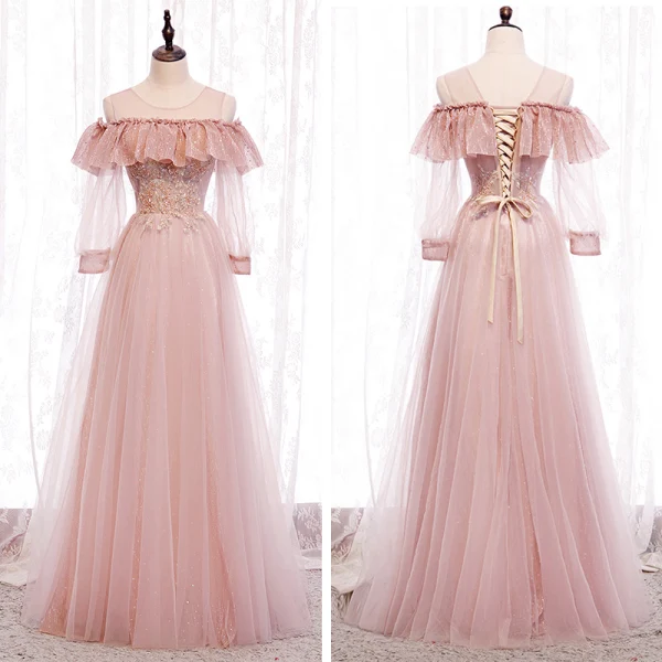 Fine Perle Rosa Brudepikekjoler 2020 Prinsesse Ryggløse Beading Glitter Tyll Lange Buste