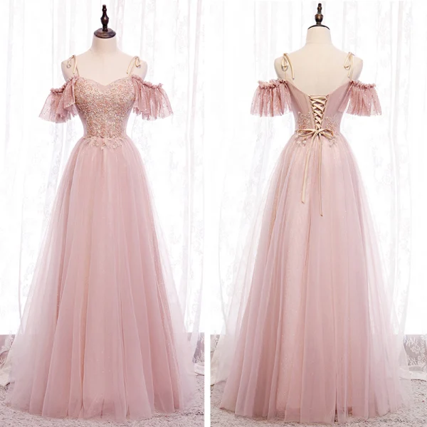 Fine Perle Rosa Brudepikekjoler 2020 Prinsesse Ryggløse Beading Glitter Tyll Lange Buste